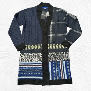 Desigual Cardigan Sweater Large Long Knit Blue Black Abstract Boho Lounge‎